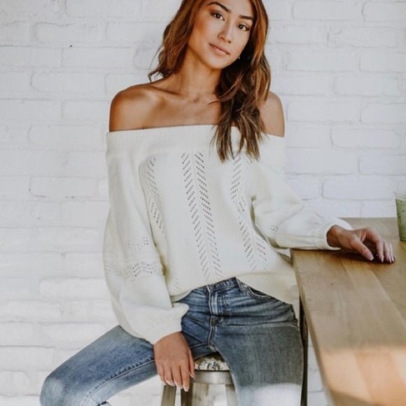 MINKPINK Cream Off-the-Shoulder Sweater - Picture 1 of 7